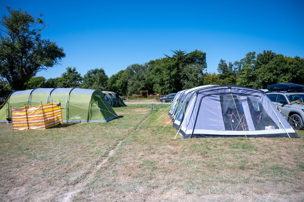 Tents set up in a grassy campsite on a sunny day.