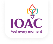 IOAC logo with colorful flower and text: 'Feel every moment'