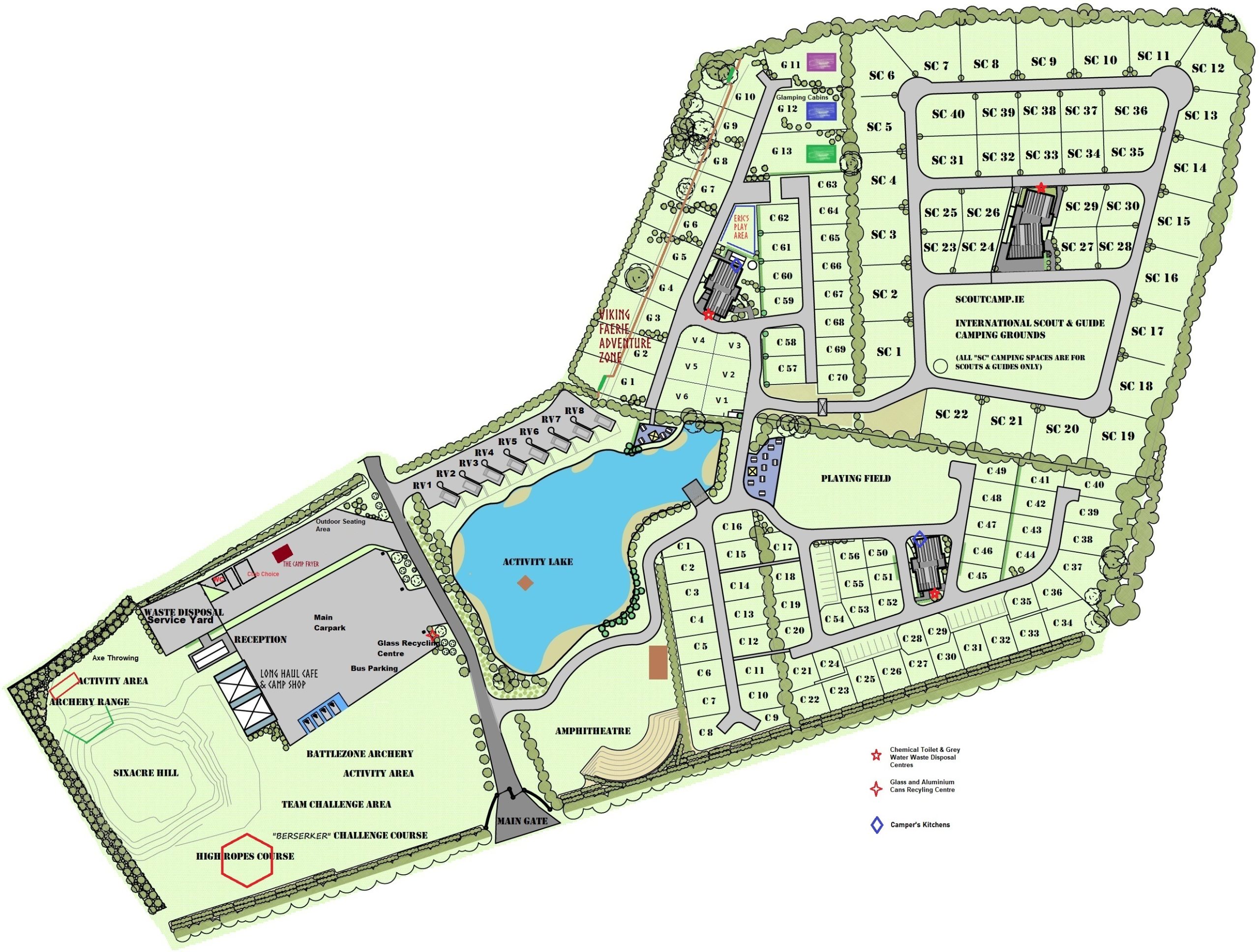 Detailed campground map of IOAC with labeled sections, roads, and a lake.